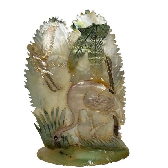 NWT Handcarved Tourist Mother Of Pearl Flamingo Deco Shell Art Multicolor Signed - Picture 1 of 14